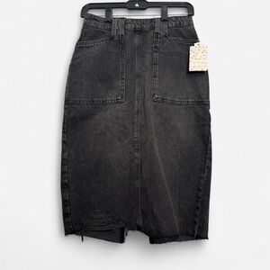 Free People Elisa Denim Midi Pencil Skirt Ripped RawHem Sz 2 Grunge Edgy 90s NWT